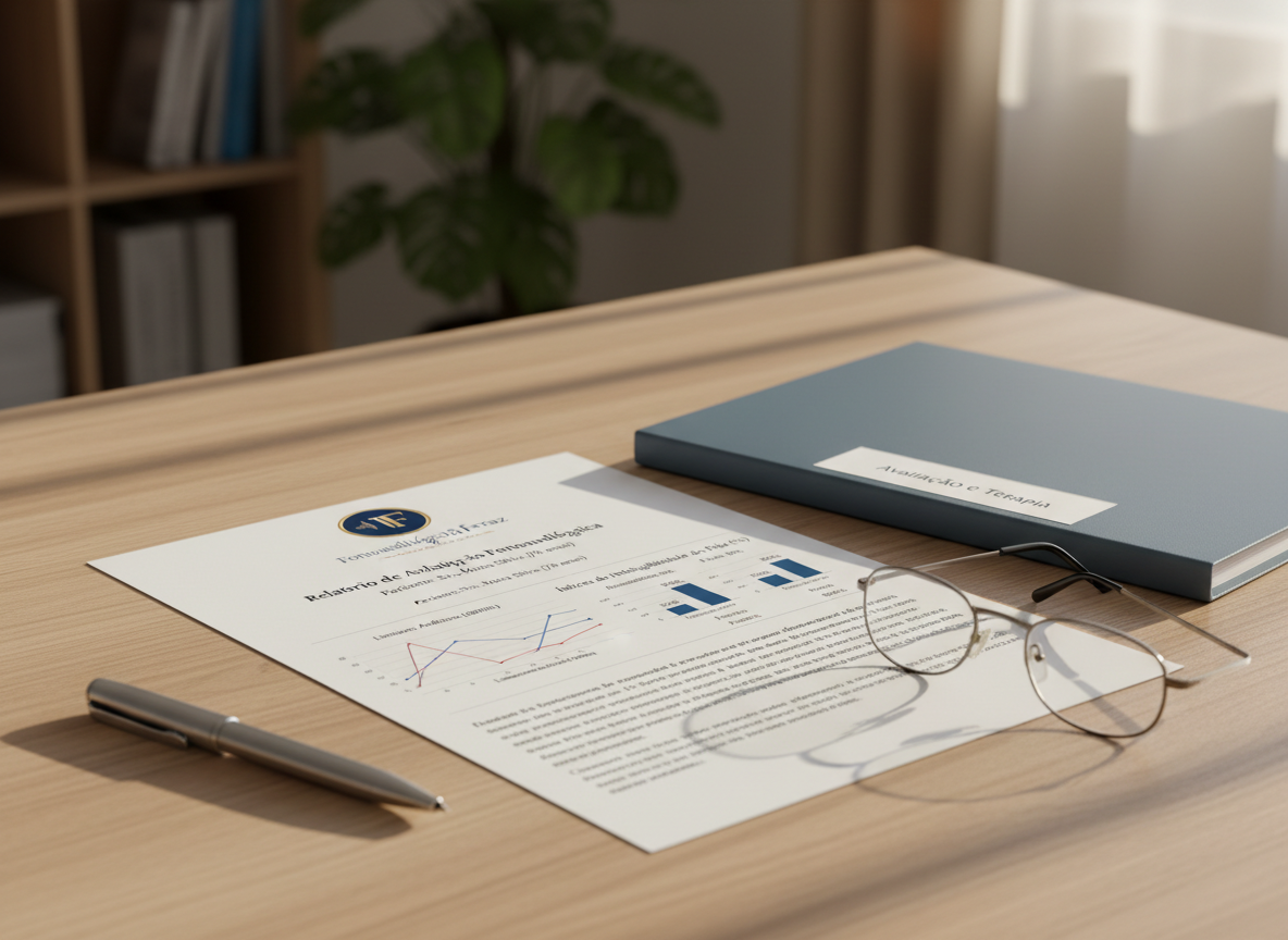An elegant printed fonoaudiology evaluation report for an elderly patient laid out on a light oak table, with neatly graphed hearing thresholds, speech intelligibility scores, and a clear, professional logo for “Fonoaudióloga Taiza Ferraz” at the top. A fine-tip pen rests diagonally across the report, and beside it lies a simple pair of reading glasses and a closed folder labeled “Avaliação e Terapia”. Soft afternoon light enters from the right, casting delicate shadows and a warm yet clinical tone. Photographed from a slightly elevated angle with crisp focus on the report, the background gradually softens into a gentle blur. The mood is reassuring and organized, emphasizing reliability and careful documentation in a realistic, businesslike style.