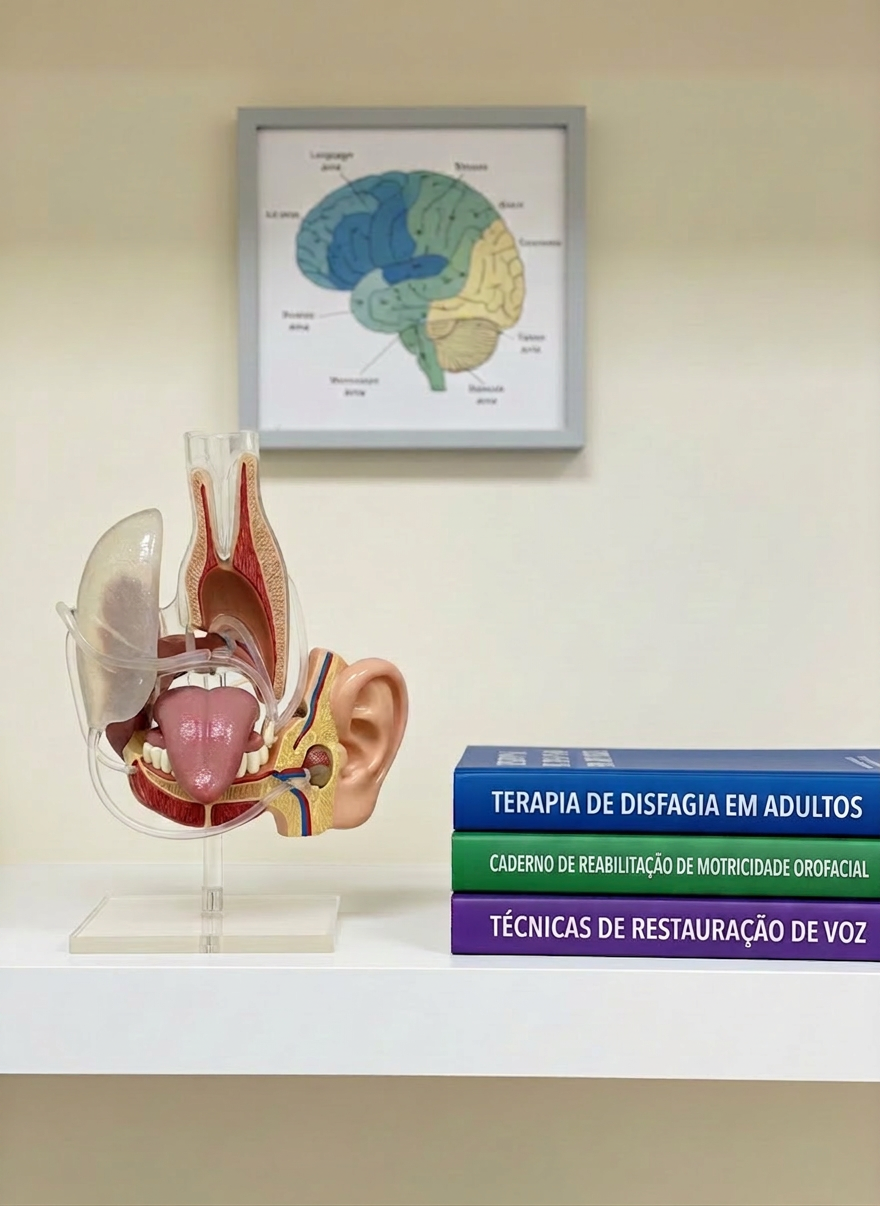 A detailed close-up of an anatomical display focused on the human vocal tract and auditory system, including a high-quality 3D model of the larynx, tongue, and inner ear, arranged on a pristine white shelf. Next to the model sits a stack of clearly labeled therapy manuals for adult dysphagia, aphasia, and voice rehabilitation, with color-coded spines. The background shows a smooth, pale wall with a subtle framed diagram of the brain’s language areas in soft, muted colors. Diffused overhead lighting creates even illumination with delicate shadowing that emphasizes form and texture. Captured straight-on with moderate depth of field, the composition is balanced and educational, with photographic realism that supports a scientific, professional atmosphere.